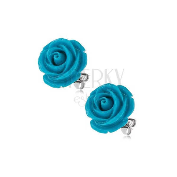 Vtični uhani iz kirurškega jekla, modra cvetoča vrtnica, 14 mm