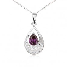 Ogrlica iz srebra čistine 925 - verižica, solza s temno vijoličnim cirkonom