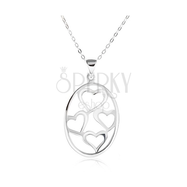 Ogrlica z ovalnim obeskom, obrisi asimetričnih src, srebro čistine 925
