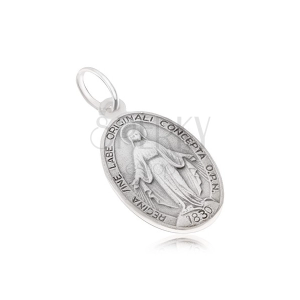 Ovalen medaljon z devico Marijo, mat površina, dvostranski, srebro čistine 925