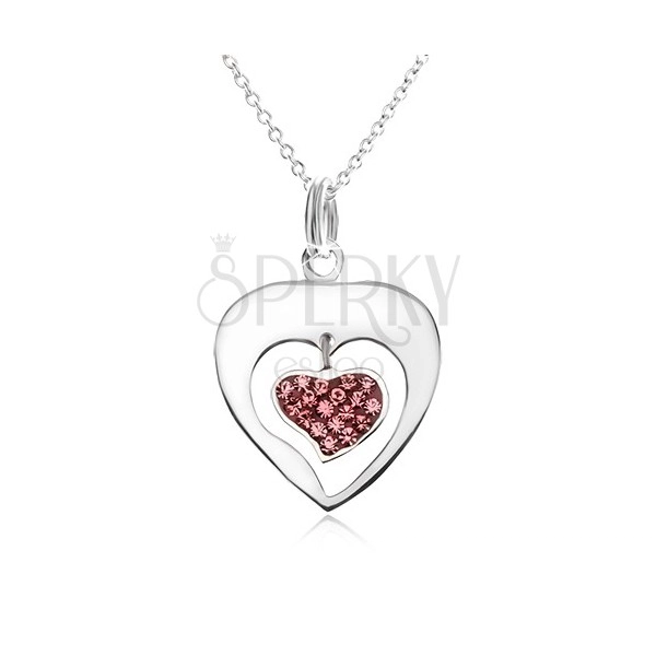 Ogrlica - verižica, obris srca, srce, rožnati cirkoni, srebro čistine 925