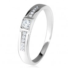 Sijoč poročni prstan, dve ravni liniji, prozorni kamenčki, srebro čistine 925