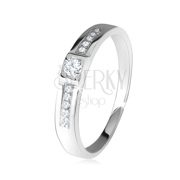 Sijoč poročni prstan, dve ravni liniji, prozorni kamenčki, srebro čistine 925