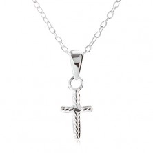 Srebrna ogrlica 925 - verižica iz ovalnih členov, krščanski križ, poševni trakovi