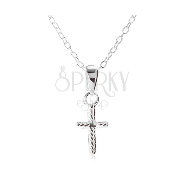 Srebrna ogrlica 925 - verižica iz ovalnih členov, krščanski križ, poševni trakovi