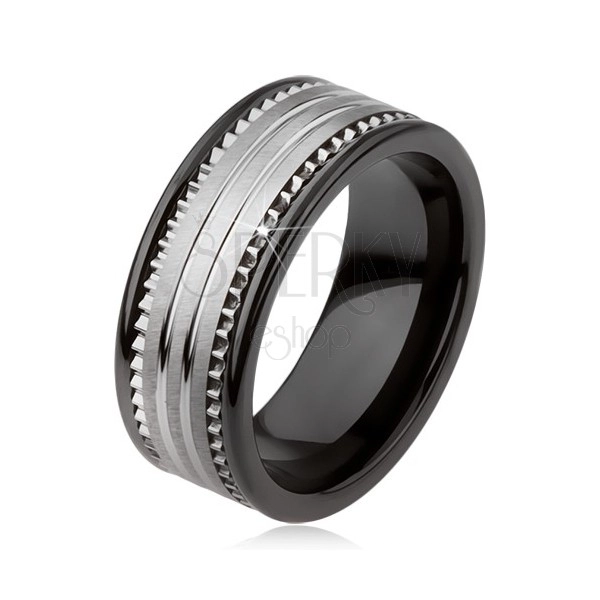 Črn keramičen prstan iz volframa s srebrno površino in progami
