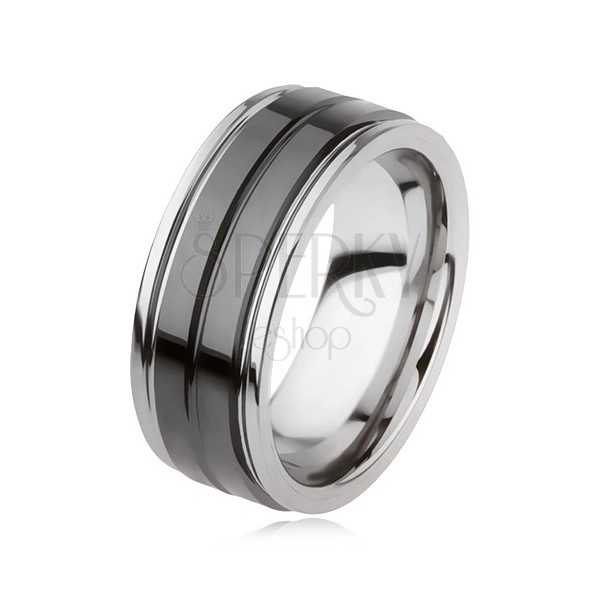 Volframov prstan s sijočo črno površino in sredinsko zarezo, srebrna barva