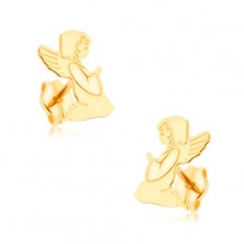 Zlati uhani 375 - vgravirana angela med molitvijo, zrcalen lesk