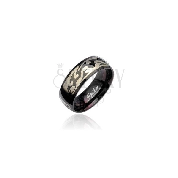 Črn jeklen prstan s srebrnim plemenskim vzorcem