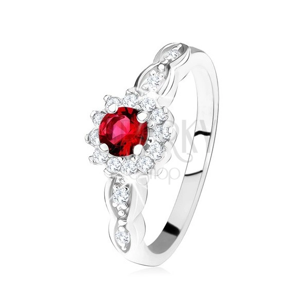 Zaročni prstan iz srebra 925, rdeč okrogel cirkon s prozorno obrobo