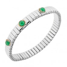 Raztegljiva zapestnica iz jekla v srebrni barvi, smaragdno zelene kroglice