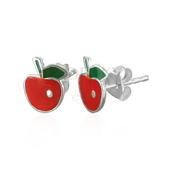Uhani iz srebra čistine 925 - rdeče jabolko z listom