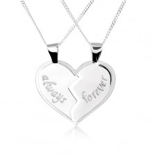 Ogrlica iz srebra 925, dvojni obesek - razpolovljeno srce, napisa ''always'' in ''forever''