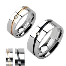 Jeklena poročna prstana srebrne barve, zlata ali črna proga s kamenčkom