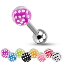 Piercing za jezik iz jekla, srebrna barva, kroglici, barvna igralna kocka