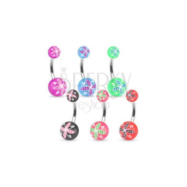 Piercing za popek iz jekla, barvni akrilni kroglici, cvetlični motiv