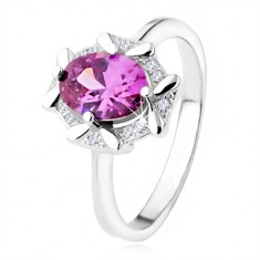 Zaročni prstan iz srebra 925, ovalen vijoličen kamen, obroba s cirkoni