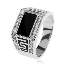 Srebrn prstan 925, črn pravokotnik, prozorni lesketajoči kamni, grški vzorec