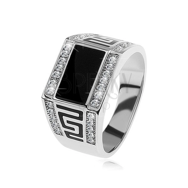 Srebrn prstan 925, črn pravokotnik, prozorni lesketajoči kamni, grški vzorec