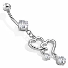 Jeklen piercing za popek - obrisa srca z visečimi cirkončki
