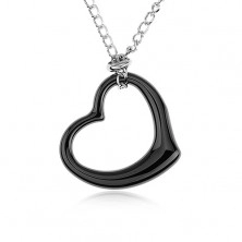 Jeklena ogrlica, črna keramična kontura srca, verižica srebrne barve