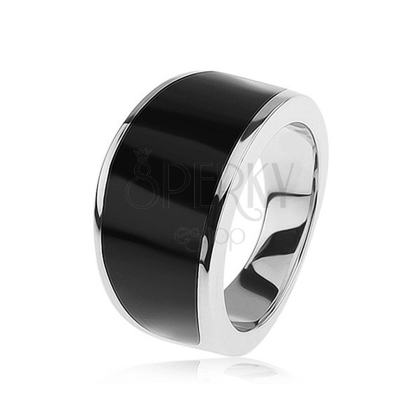 Srebrn prstan 925 - črn emajliran pas, sijoča in gladka površina