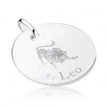 Okrogel srebrn obesek 925, okrasne gravure - zodiakalno znamenje LEV, cirkon