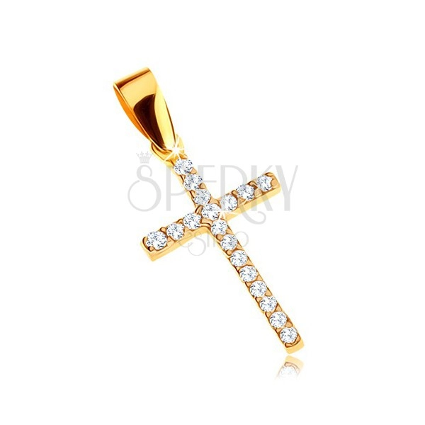 Zlat obesek 375 - krščanski križ z okrasnimi cirkoni prozorne barve