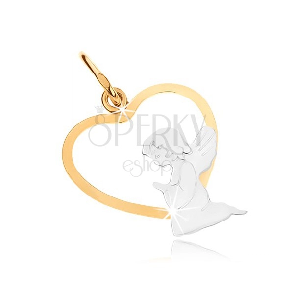 Zlat dvobarven obesek 375 - klečeči angel na spodnjem delu konture srca