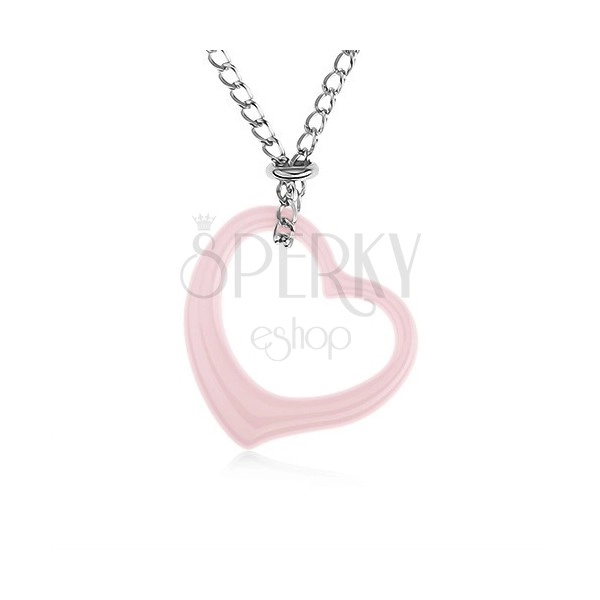 Jeklena ogrlica, rožnata keramična kontura srca, verižica srebrne barve