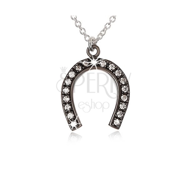 Srebrna ogrlica 925, jekleno siva podkev za srečo, prozorni cirkoni
