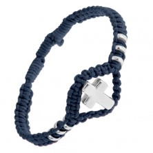 Pletena zapestnica v temno modri barvi z nastavljivo dolžino, sijoč jeklen križ in obročki