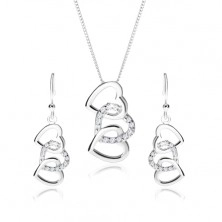 Komplet iz srebra 925, uhani in ogrlica - silhuete treh prepletenih src, prozorni cirkoni