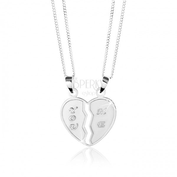 Srebrna ogrlica 925, dvojni obesek - razpolovljeno srce, napisa ''YOU'' in ''ME''