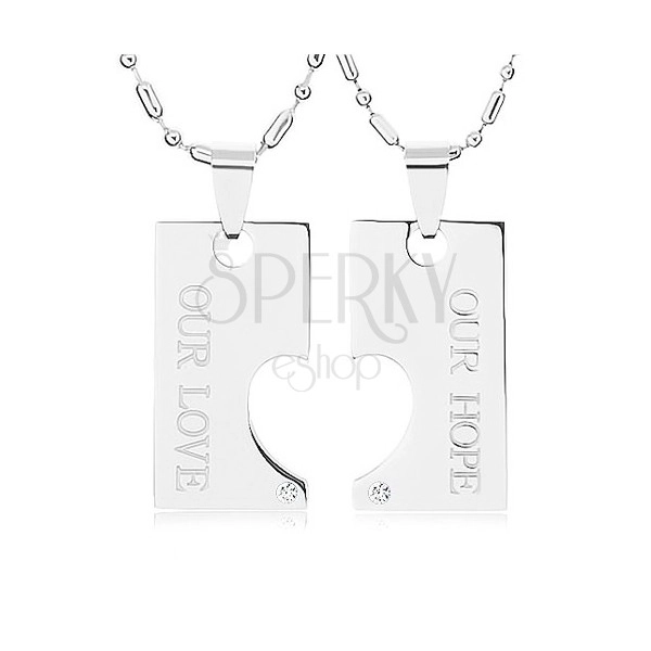Jekleni ogrlici za par, ploščici z izrezano polovico srca, napis