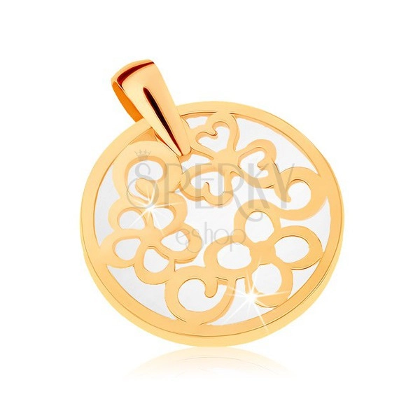 Obesek iz 9K zlata – obris kroga z ornamenti, bisernato ozadje