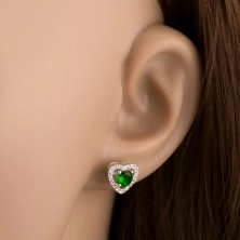 Srebrni uhani 925, okrogel zelen cirkon znotraj lesketajoče konture srca, stranski izrezi