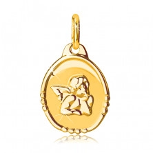 Zlat obesek 585 - ovalna ploščica z angelom, sijoča in mat izvedba