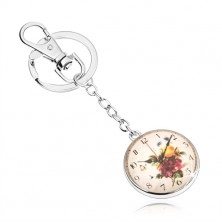 Obesek za ključe v slogu kabošon, prozorno izbočeno steklo, motiv - ura s cvetlicami