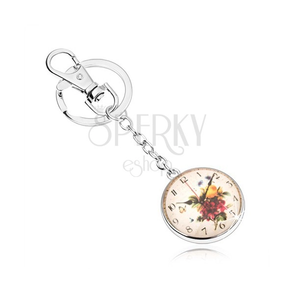 Obesek za ključe v slogu kabošon, prozorno izbočeno steklo, motiv - ura s cvetlicami