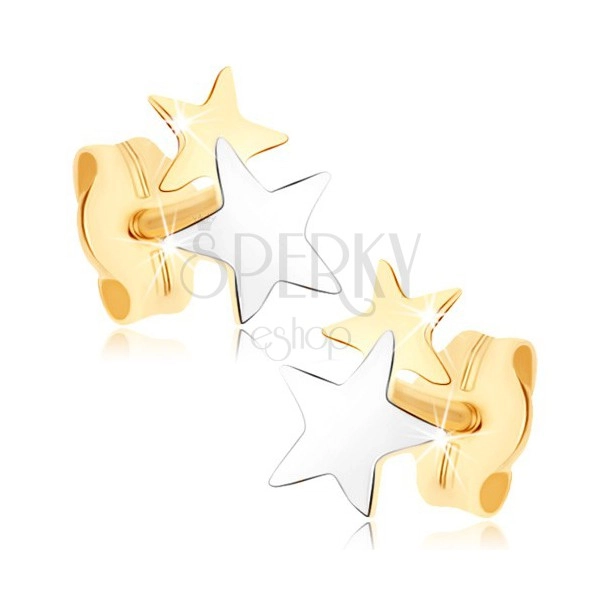 Vtični uhani iz rumenega 9K zlata - dvobarvni zvezdici