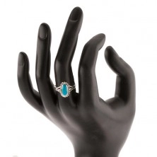 Srebrn prstan 925, oval turkiznega odtenka, obroba iz drobnih kroglic, razcepljena kraka
