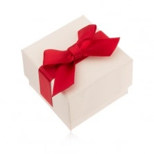 Bela darilna škatlica za prstan, obesek in uhane, rdeča pentlja 