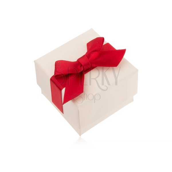 Bela darilna škatlica za prstan, obesek in uhane, rdeča pentlja 