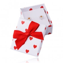Darilna škatlica za uhane - bele barve, rdeča srca s pentljo