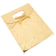 Darilna vrečka iz papirja, bleščeča površina v zlati barvi, srca, spirale, pasovi