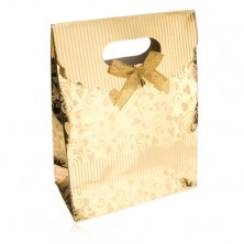 Darilna vrečka iz papirja, bleščeča površina v zlati barvi, srca, spirale, pasovi