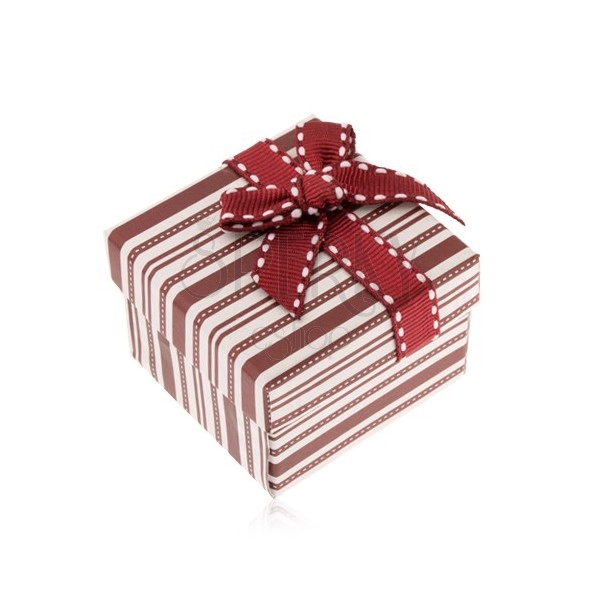 Darilna škatlica za prstan, rjave in bele okrasne črte, trak bordo barve
