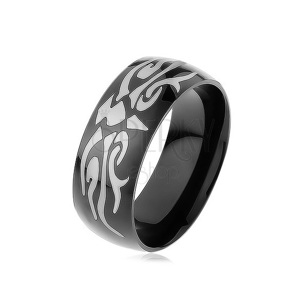 Sijoč jeklen prstan črne barve, siv plemenski motiv, gladka površina