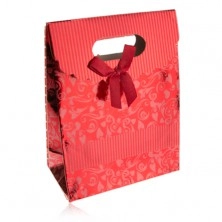 Sijoča papirnata darilna škatlica, temno rdeča, pentlja, izrezan del